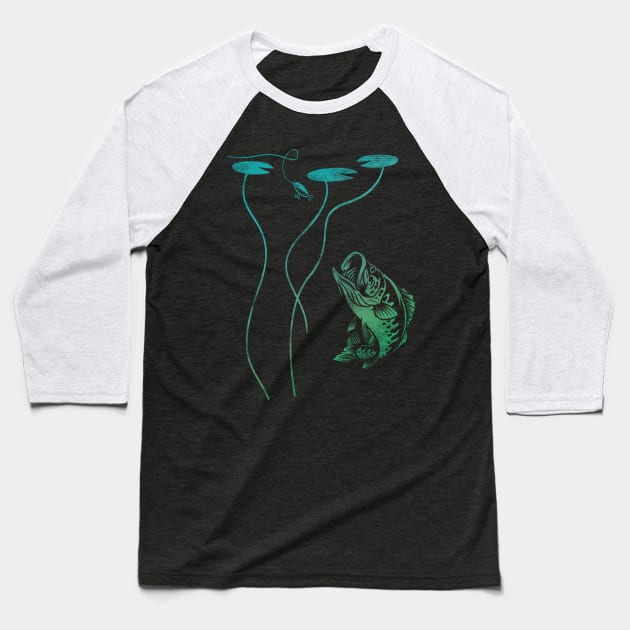 Bass Fishing Bass Rising Lilly Pad Largemouth Bass Blue Green Baseball T-Shirt by TeeCreations